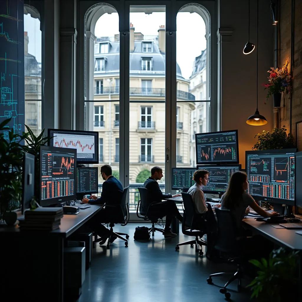 Oficina moderna y colaborativa de FinAI France en el corazón de París, con vistas a la ciudad